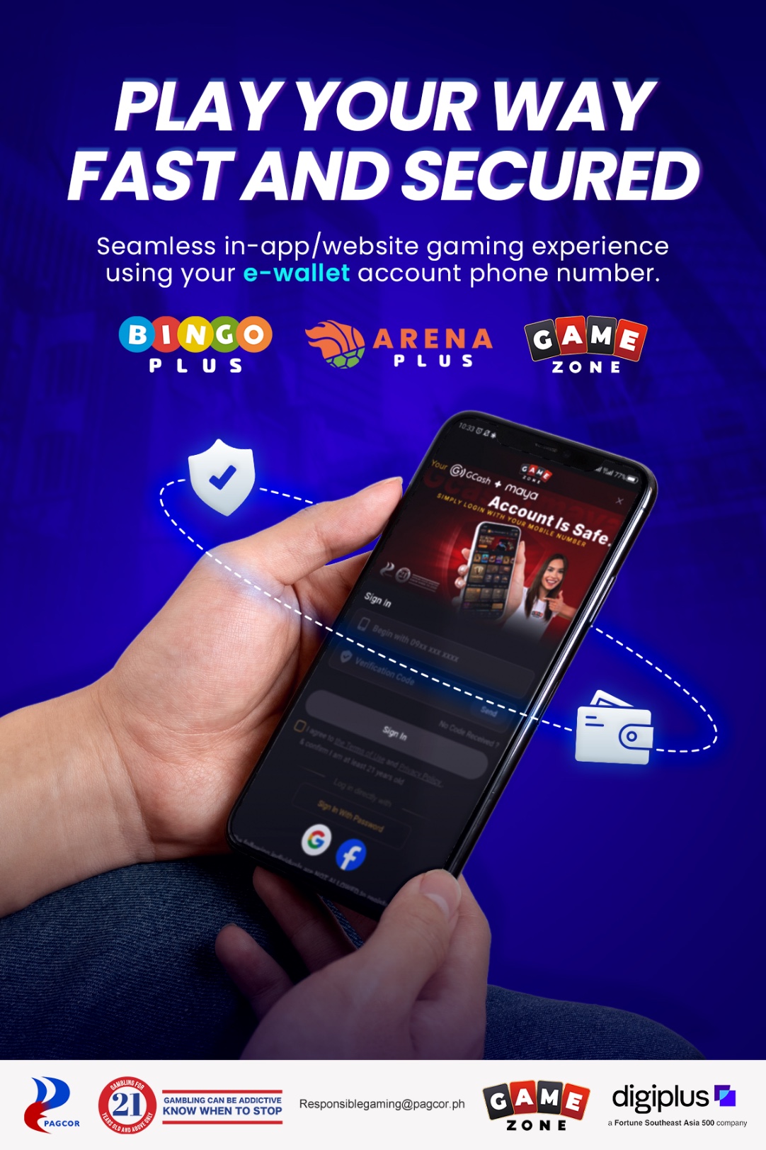 GameZone, BingoPlus and ArenaPlus app sign-in on a phone, with the PAGCOR 21+ responsible gaming notice